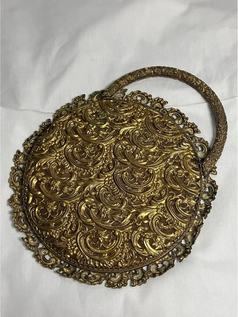 Vintage Brass Vanity Mirror Tray Round Ornate Handle